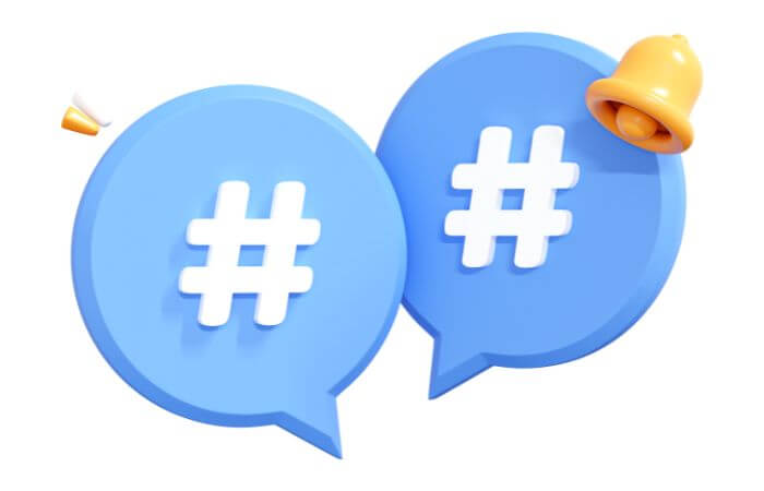 Ícones de hashtag e sino, estratégias visuais para melhorar engajamento e ganhar seguidores no Instagram.