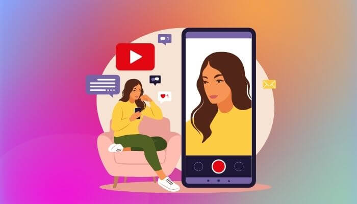 Ilustração de uma mulher criando conteúdo para Reels do Instagram, com ícones de redes sociais ao fundo, simbolizando o uso de diferentes plataformas.