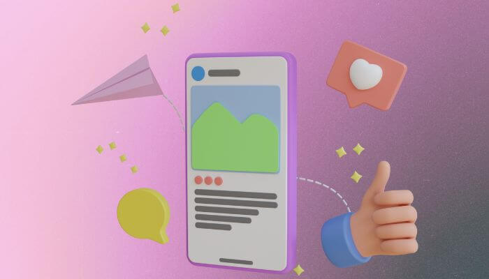 Ilustração 3D de um smartphone com ícones de comentários, curtidas e um avião de papel, representando a interface do Instagram e interações dos usuários.