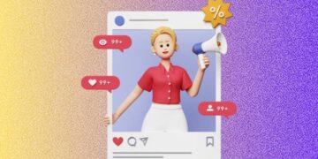 Ilustração 3D de uma pessoa segurando um megafone dentro de uma moldura de post do Instagram, com ícones de comentários, curtidas e seguidores, representando estratégias de engajamento para Stories no Instagram.