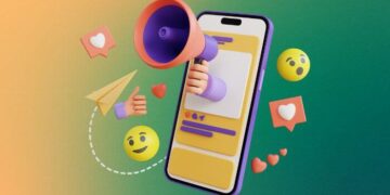 Representação 3D de um smartphone com ícones de megafone, coração e emojis, simbolizando o engajamento nos comentários do Instagram.