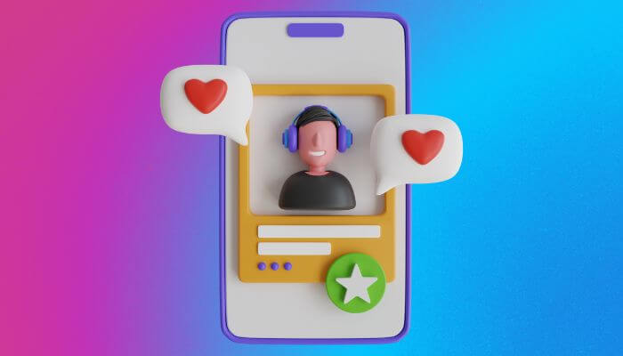 Ilustração 3D de um perfil de usuário no Instagram, com ícones de coração e balões de diálogo, representando a interação nos comentários do Instagram.