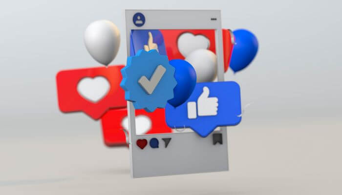 Ilustração de um selo de verificação azul em um post do Instagram com ícones de curtidas, corações e balões, representando interações em uma conta verificada no Instagram.