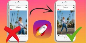 Ilustração de dois smartphones mostrando o antes e depois de uma foto no Instagram, com um ícone de foguete no meio, representando um tutorial sobre como postar uma foto inteira no Instagram.