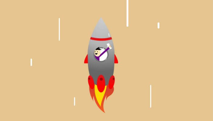 Ilustração de um foguete decolando com uma pessoa feliz dentro, simbolizando o crescimento rápido e a estratégia de sucesso no Instagram.