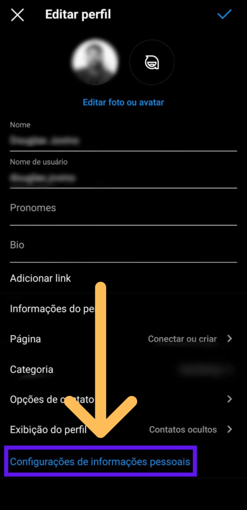 Área de edição do Instagram com indicativos na opção configurações de informações pessoais