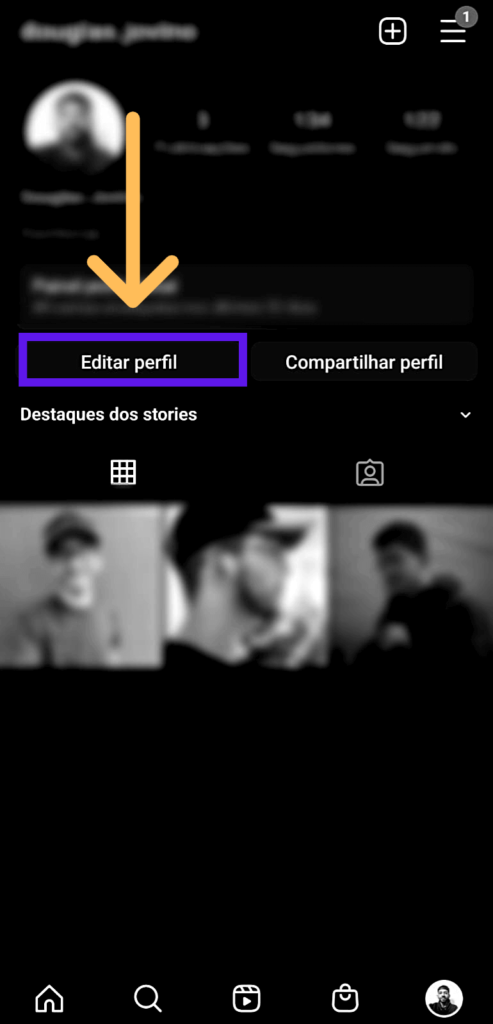 Perfil do Instagram com indicações de como entrar na aba editar perfil