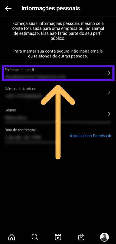 Tela de configurações de informações pessoais do Instagram com indicativos na opção email