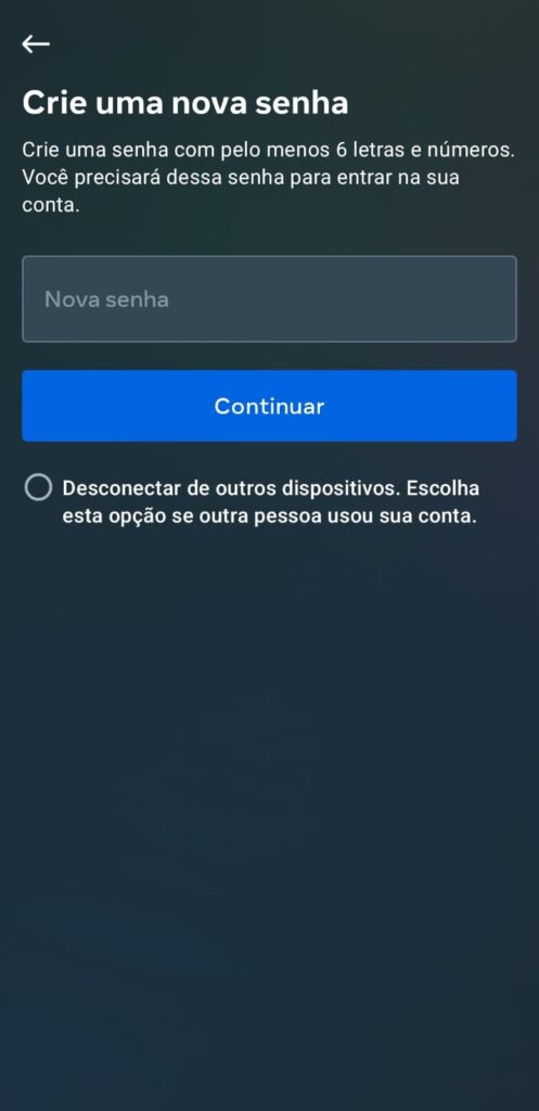 Tela de criar nova senha e recuperar conta no Instagram