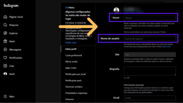 Tela de edição com indicações de onde mudar nome do Instagram