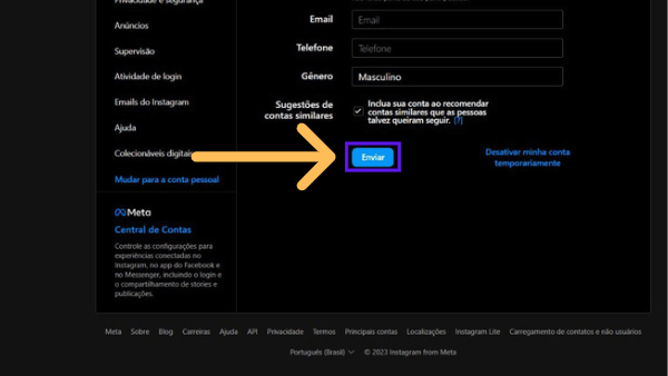 Tela de edição de nome do Instagram com indicativo para enviar novos dados