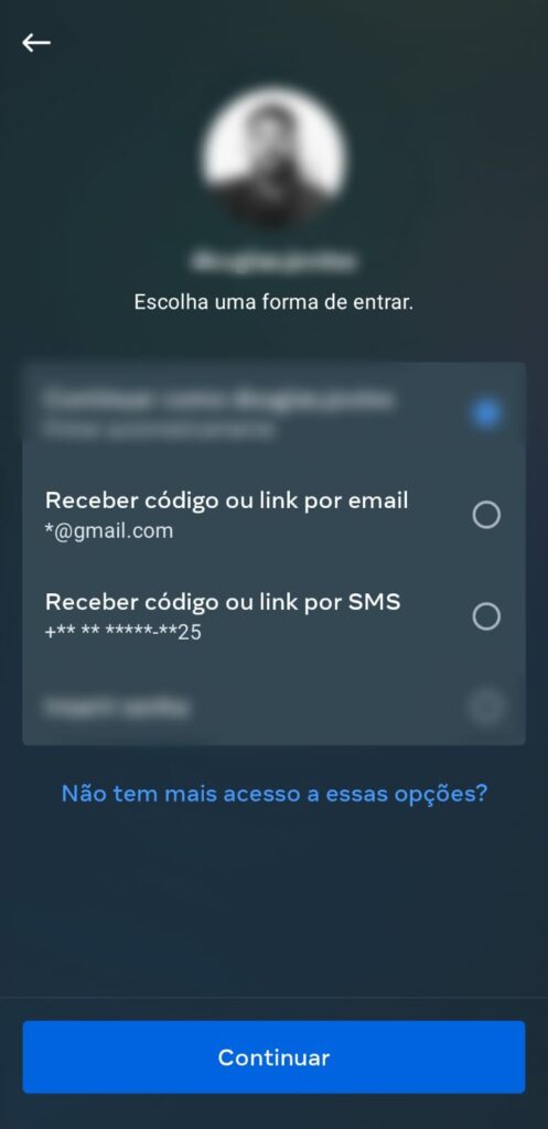 Tela do Instagram com alternativas de recebimento de código
