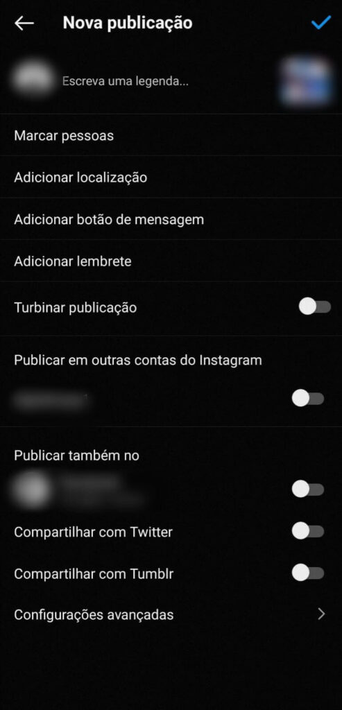 Tela de configurações finais para postar carrossel no Instagram