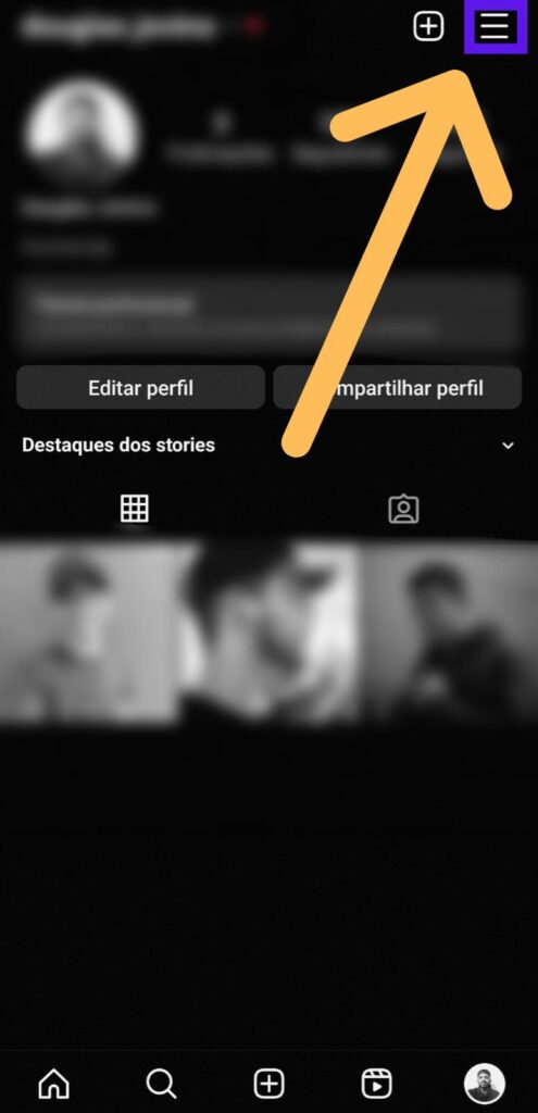 Perfil do Instagram com indicativos de onde acessar opções do menu