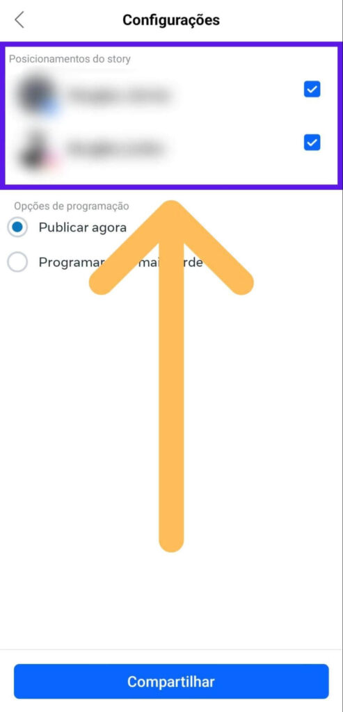 Mostrando onde o stories será compartilhado