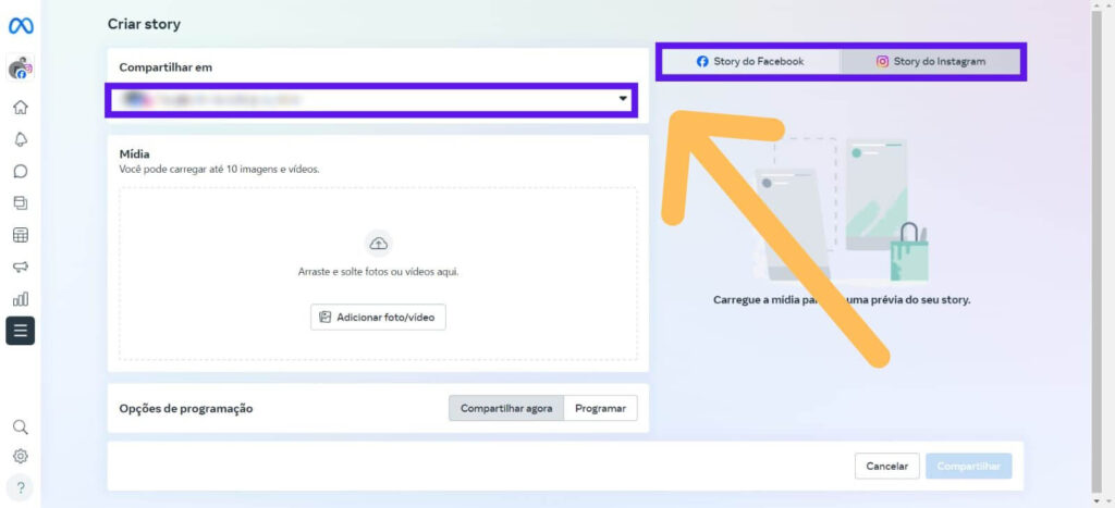 Escolhendo publicar no facebook ou instagram