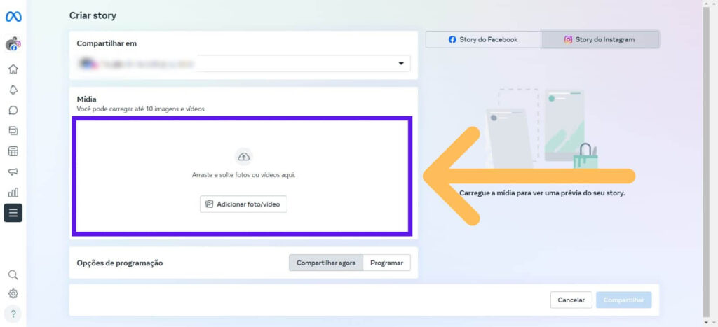 Fazendo upload de mídia para conseguir programar stories instagram