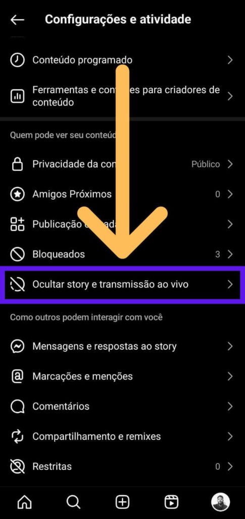 Tela de configurações e atividade no Instagram.