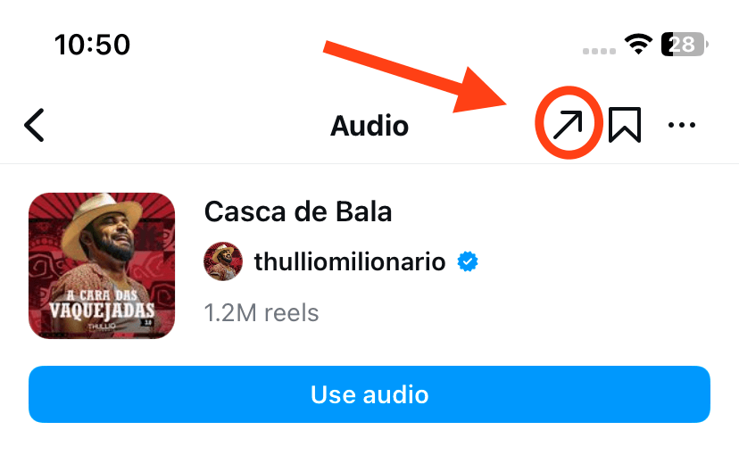 Captura de tela de detalhes de um áudio no Instagram com a opção de uso do áudio destacada.