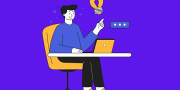Ilustração de um homem com uma ideia trabalhando em um laptop, mostrando criatividade e produtividade.