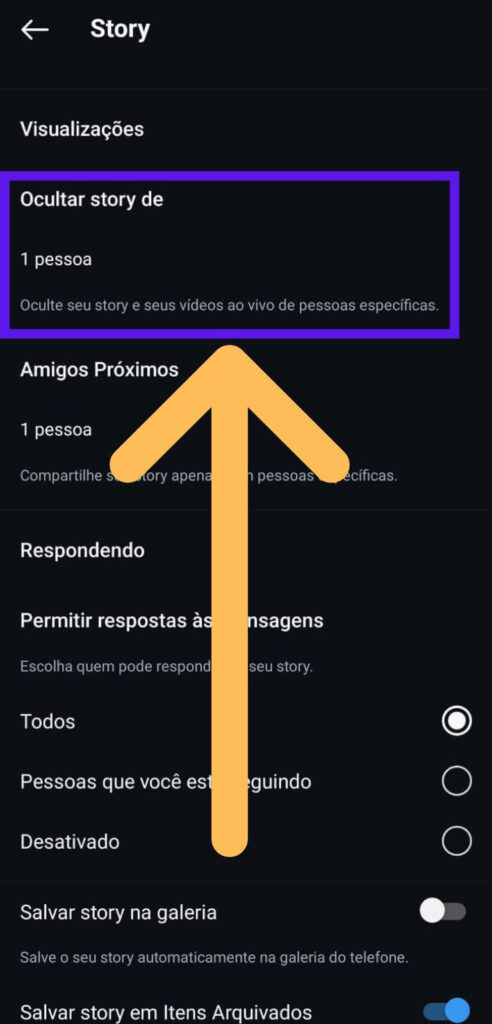 Tela de configurações do Instagram mostrando como ocultar stories de uma pessoa específica.