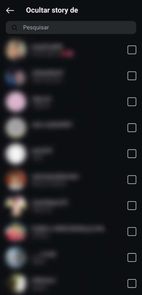 Tela de configuração para ocultar stories de uma lista de usuários no Instagram.