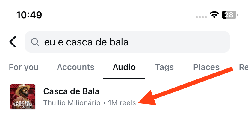 Captura de tela de uma pesquisa de áudio no Instagram com o áudio "Casca de Bala" em destaque.