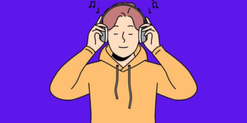 Ilustração de uma pessoa escutando música com fones de ouvido.