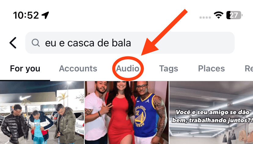 Captura de tela mostrando a opção de áudio em uma pesquisa no Instagram.