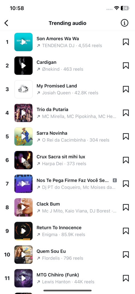 Captura de tela mostrando os áudios em tendência no Instagram.