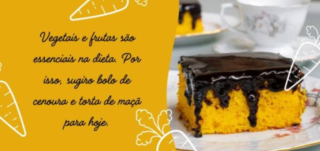 Imagem de um bolo de cenoura com cobertura de chocolate, sugerido como uma opção saudável de sobremesa com vegetais e frutas na dieta.