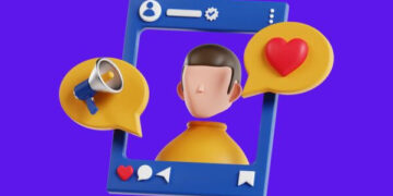 Ícone de redes sociais com avatar de homem, balão com coração e megafone.