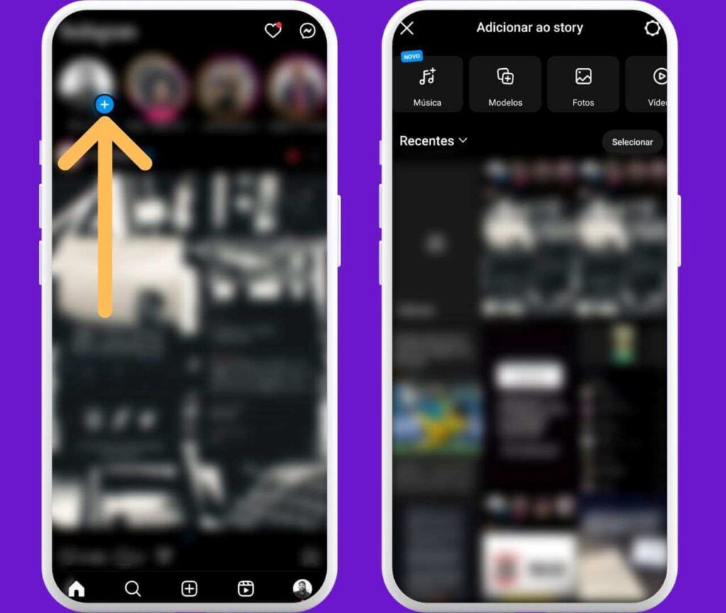Tela do Instagram mostrando o botão azul para adicionar uma nova história. Como fazer collab no instagram