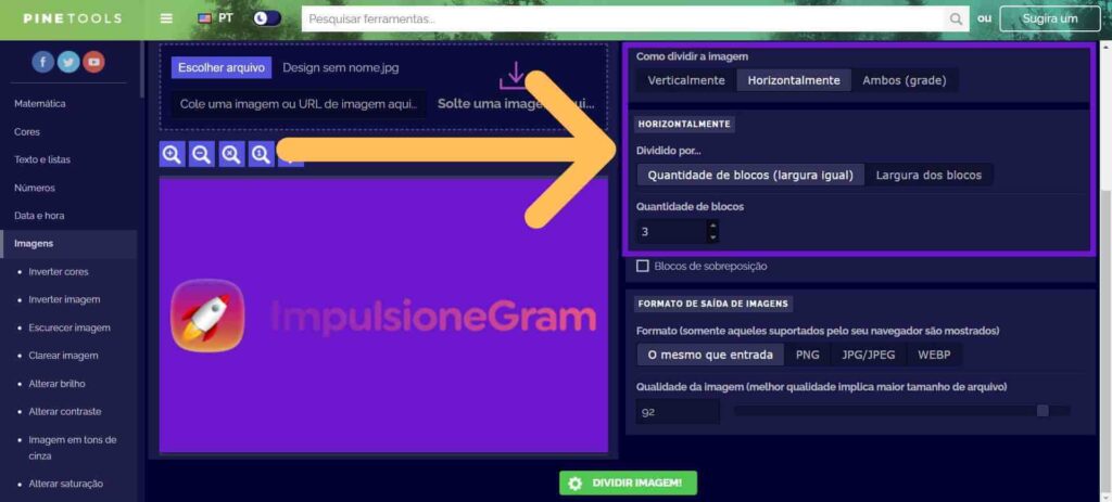 Tela do PineTools configurando a divisão de uma imagem horizontalmente em múltiplos blocos. Como por uma foto em cima da outra no instagram

