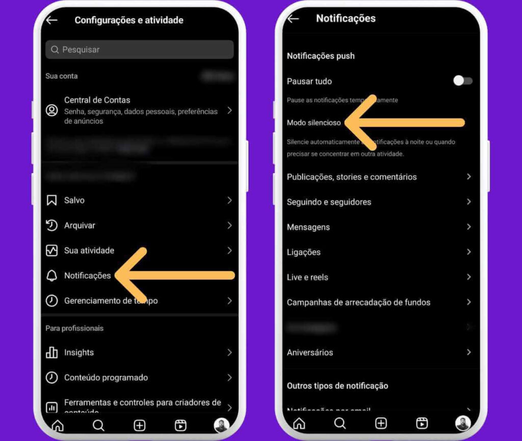 Tela de configurações do Instagram com destaque para as opções de notificações e modo silencioso. Como Colocar o Modo Silencioso no Instagram