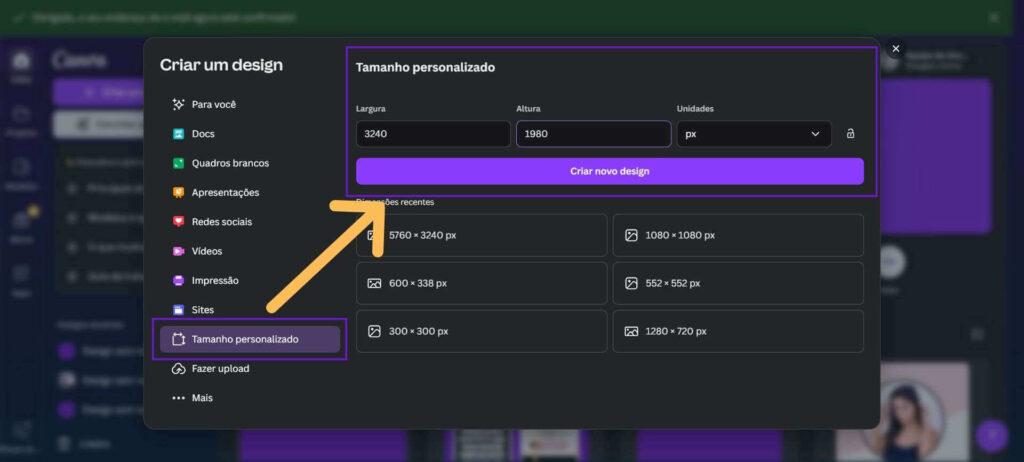Tela do Canva mostrando a criação de um design personalizado com dimensões específicas. Como por uma foto em cima da outra no instagram

