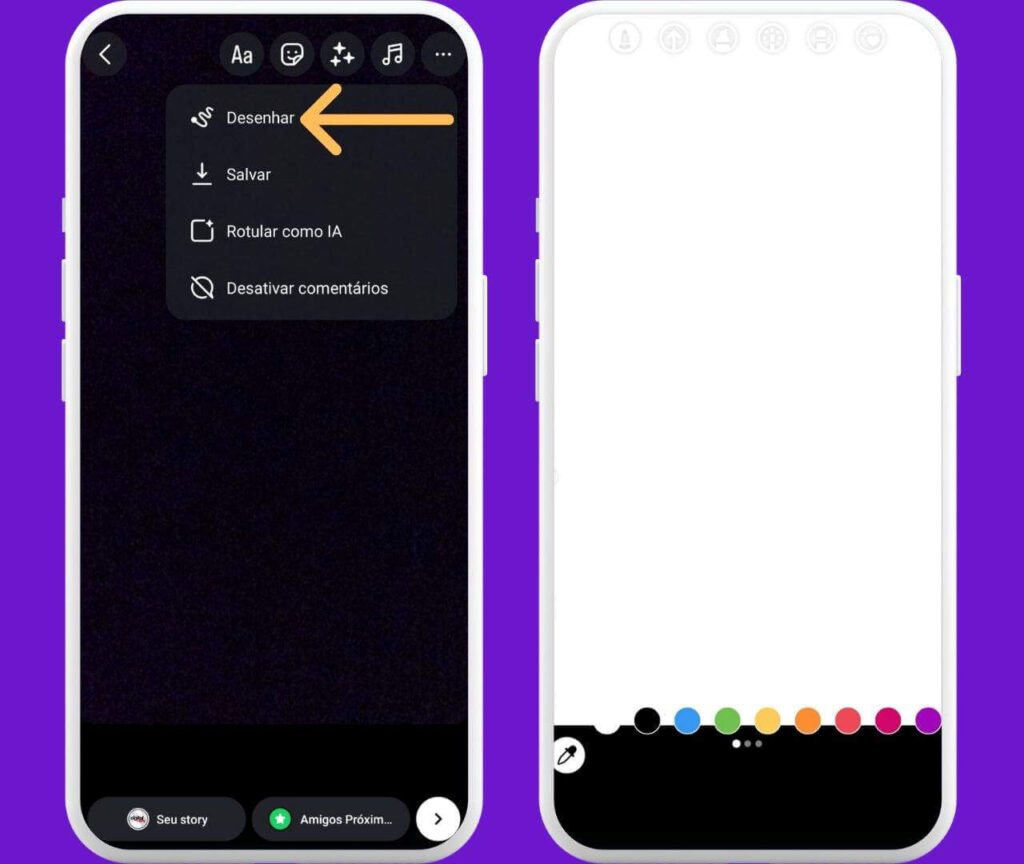 Tela do Instagram com a opção de desenhar em stories selecionada no menu de edição. Como por uma foto em cima da outra no instagram

