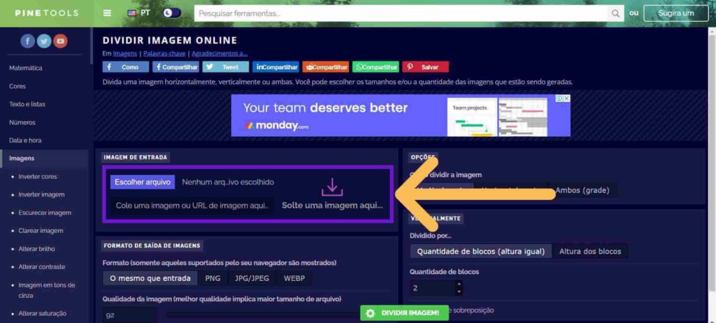 Tela do site PineTools mostrando a ferramenta de upload para dividir imagens online. Como por uma foto em cima da outra no instagram

