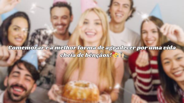 Grupo de pessoas felizes comemorando com bolo, com a frase "Comemorar é a melhor forma de agradecer por uma vida cheia de bênçãos!" sobreposta. Legenda para foto de aniversário