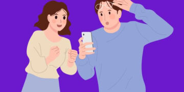 Ilustração de duas pessoas surpresas olhando para o celular juntas, fundo roxo. Como Colocar Uma Foto em Cima da Outra no Instagram