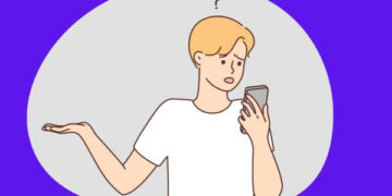 Porque não consigo seguir ninguém no instagram. Ilustração de um jovem loiro confuso olhando para o celular, com uma expressão de dúvida.