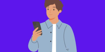 Ilustração de um jovem segurando um celular com fundo roxo, simbolizando uso de redes sociais.