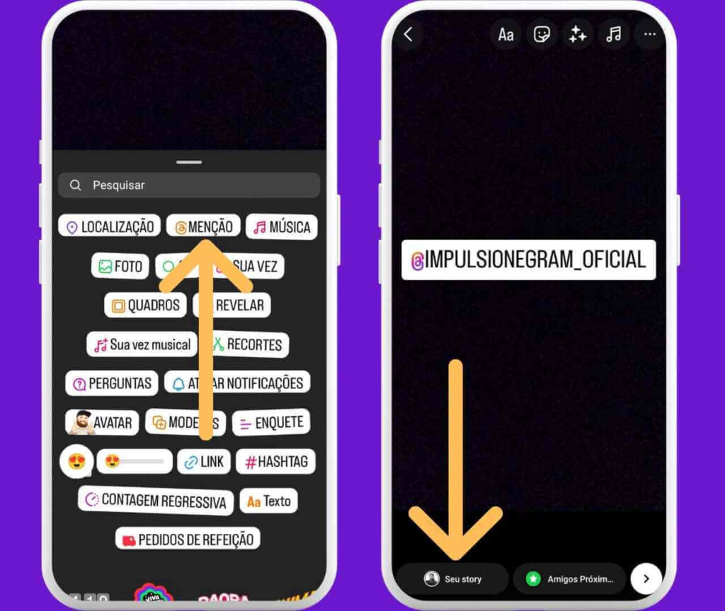 Tela do Instagram mostrando a menção ao perfil @impulsionegra_oficial em uma história, com a opção de publicar no "Seu Story". Como fazer collab no instagram