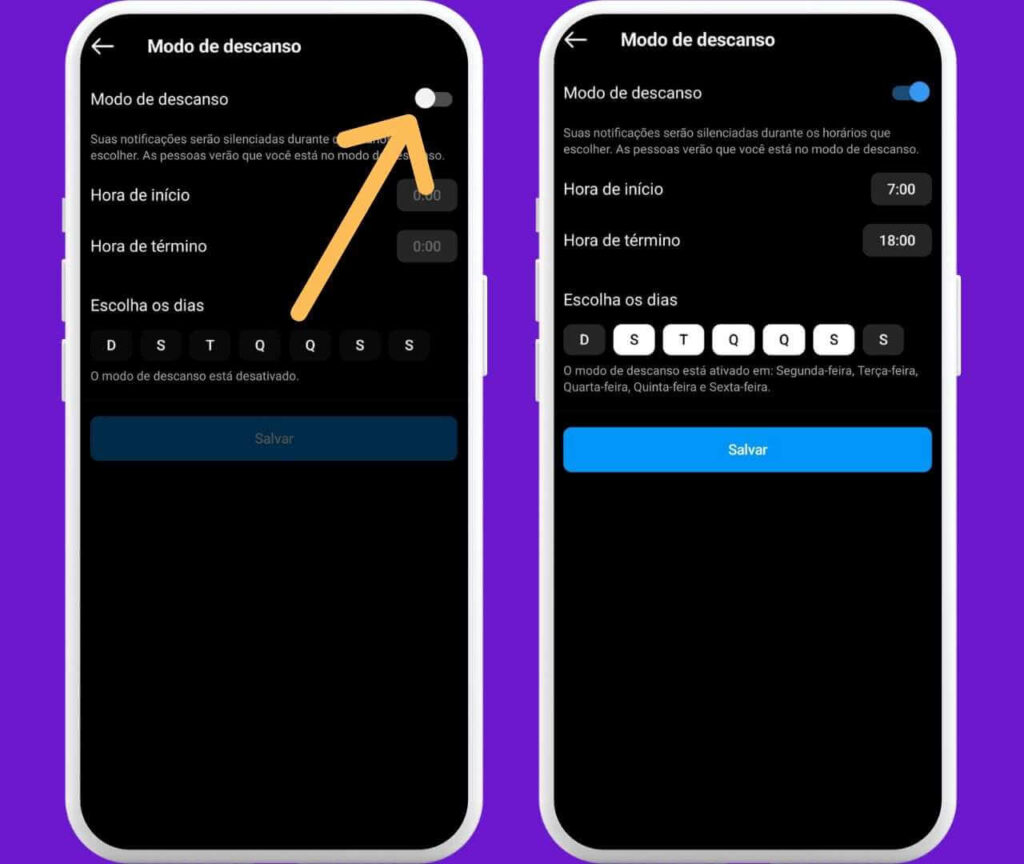 Configuração do modo de descanso no Instagram, com horários de início e término e dias da semana selecionados.
