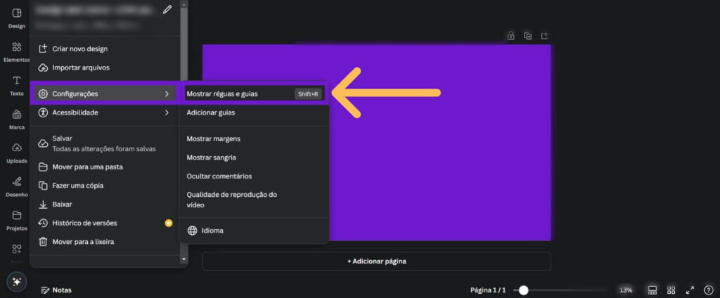 Tela do Canva com destaque para a opção de mostrar réguas e guias no menu de configurações.

Como por uma foto em cima da outra no instagram