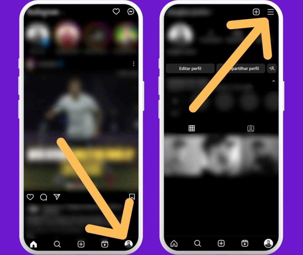 Navegação no perfil do Instagram com setas apontando para o ícone de configurações no canto superior direito. Como Colocar o Modo Silencioso no Instagram