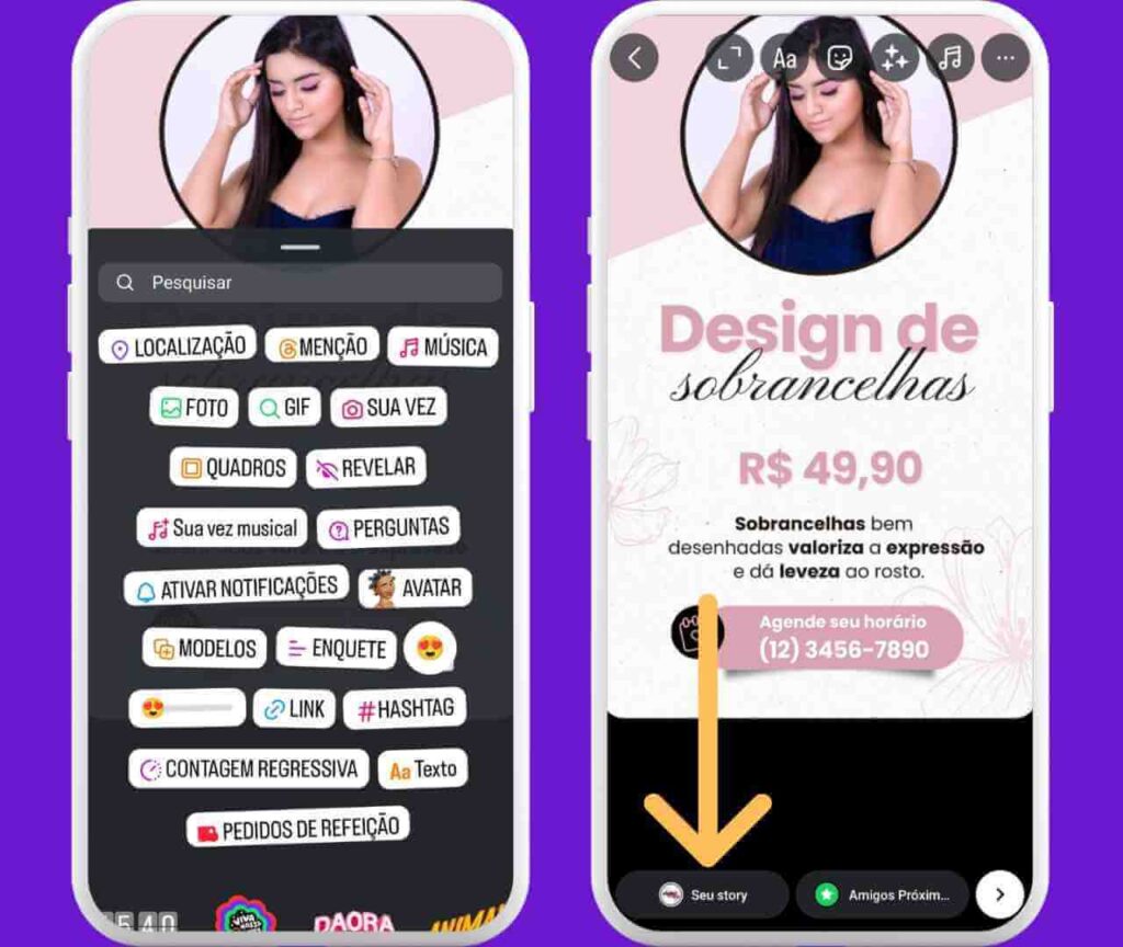 Tela do Instagram com opções para criar stories, incluindo música, localização e menção. Como por uma foto em cima da outra no instagram

