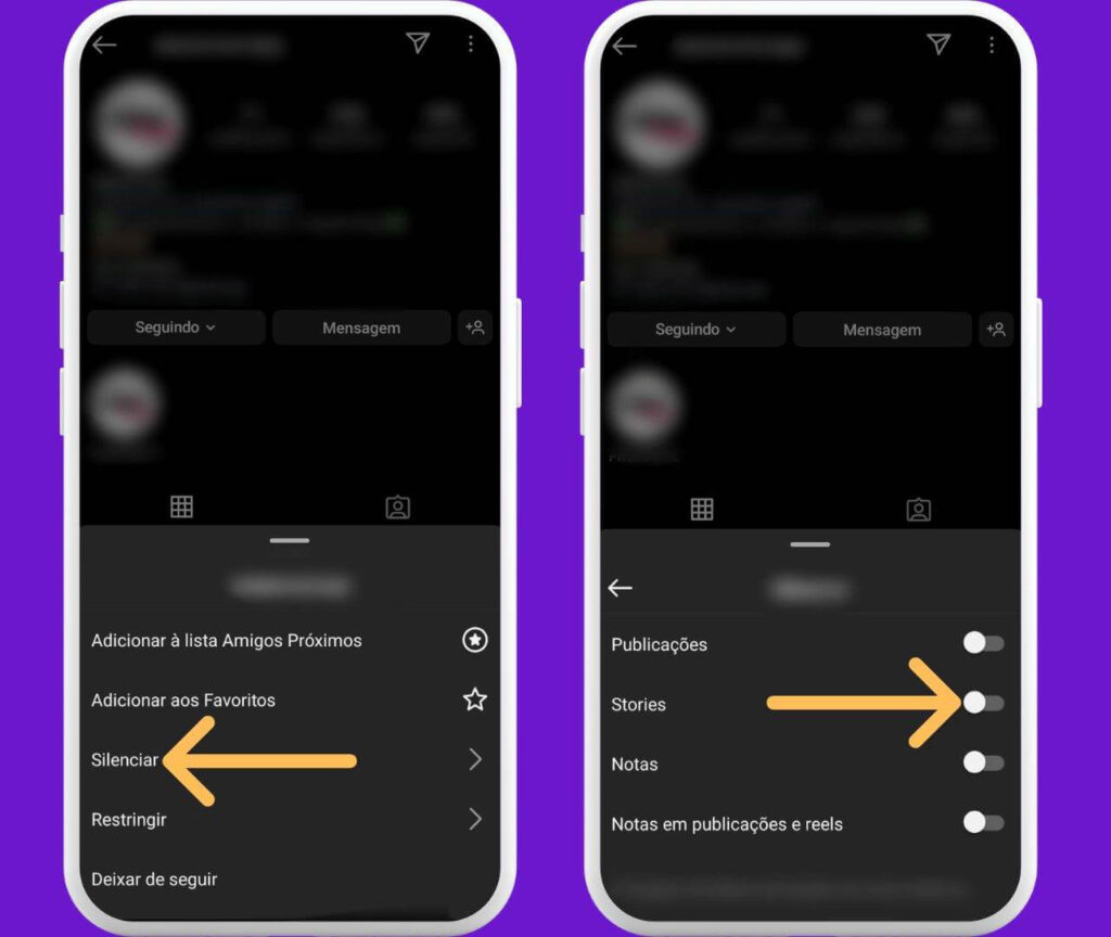 Tela do Instagram mostrando o ajuste para silenciar notificações de stories, publicações e notas de um perfil.
Como silenciar stories