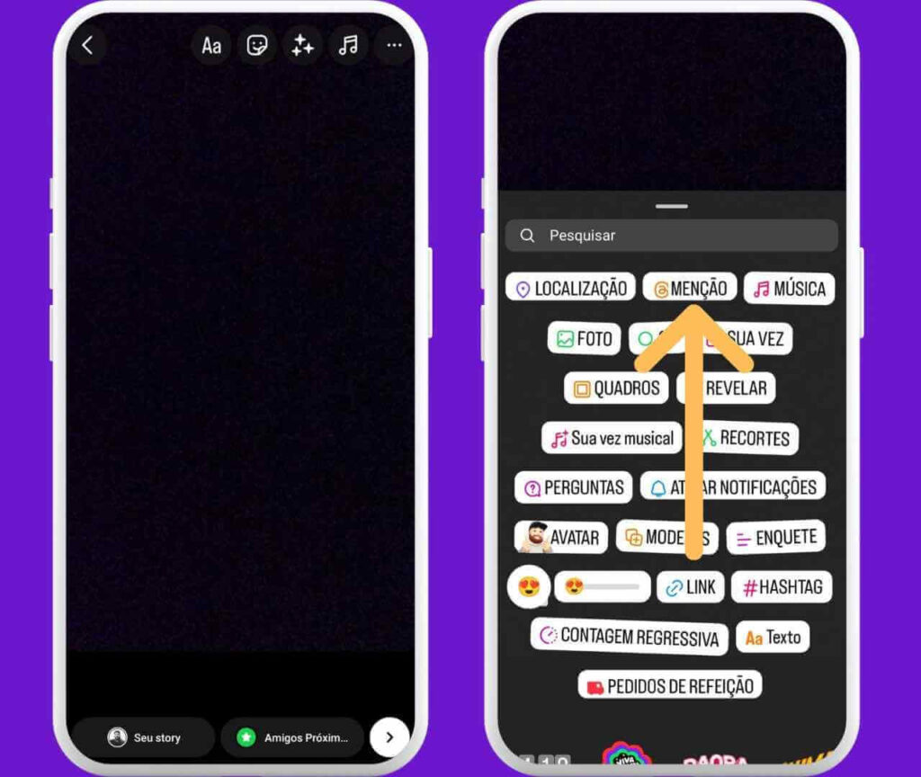 Tela do Instagram com a opção de mencionar pessoas em uma história usando stickers. Como fazer collab no instagram