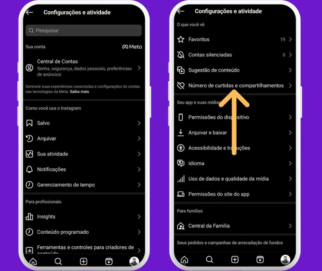 Configurações do Instagram abertas, mostrando a seção de "Número de curtidas e compartilhamentos" para ocultar métricas de publicações.